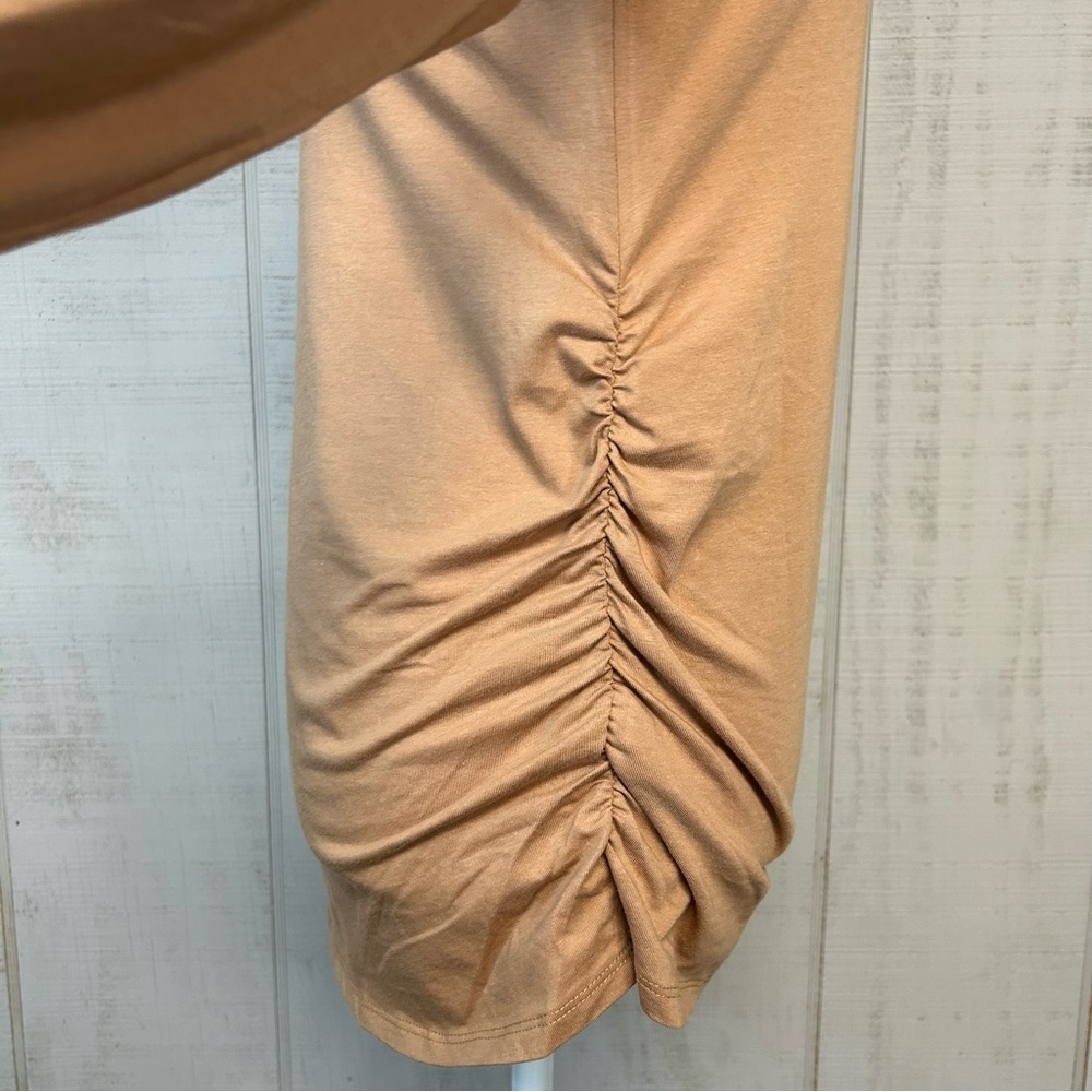 Isabel Maternity Turtleneck Top Long Sleeve Shirred Stretchy Cotton Tan Neutral - Picture 3 of 7